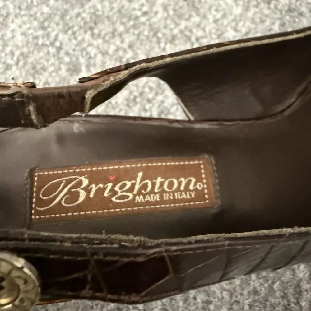 Brighton Nigel Croc Embossed Leather Slingback Wedge Heel Peep Toe Italy 9 N